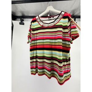 Rafaella Studio Womens 2XL Striped Knit Top Short Sleeve Metal Ring Neckline Red